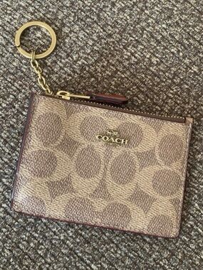 Coach Monogram Zip Card Case Keyring in Tan and Brown